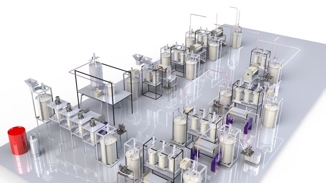 SolidWorks model of a modular pilot plant: skids, frames, pumps and filter presses