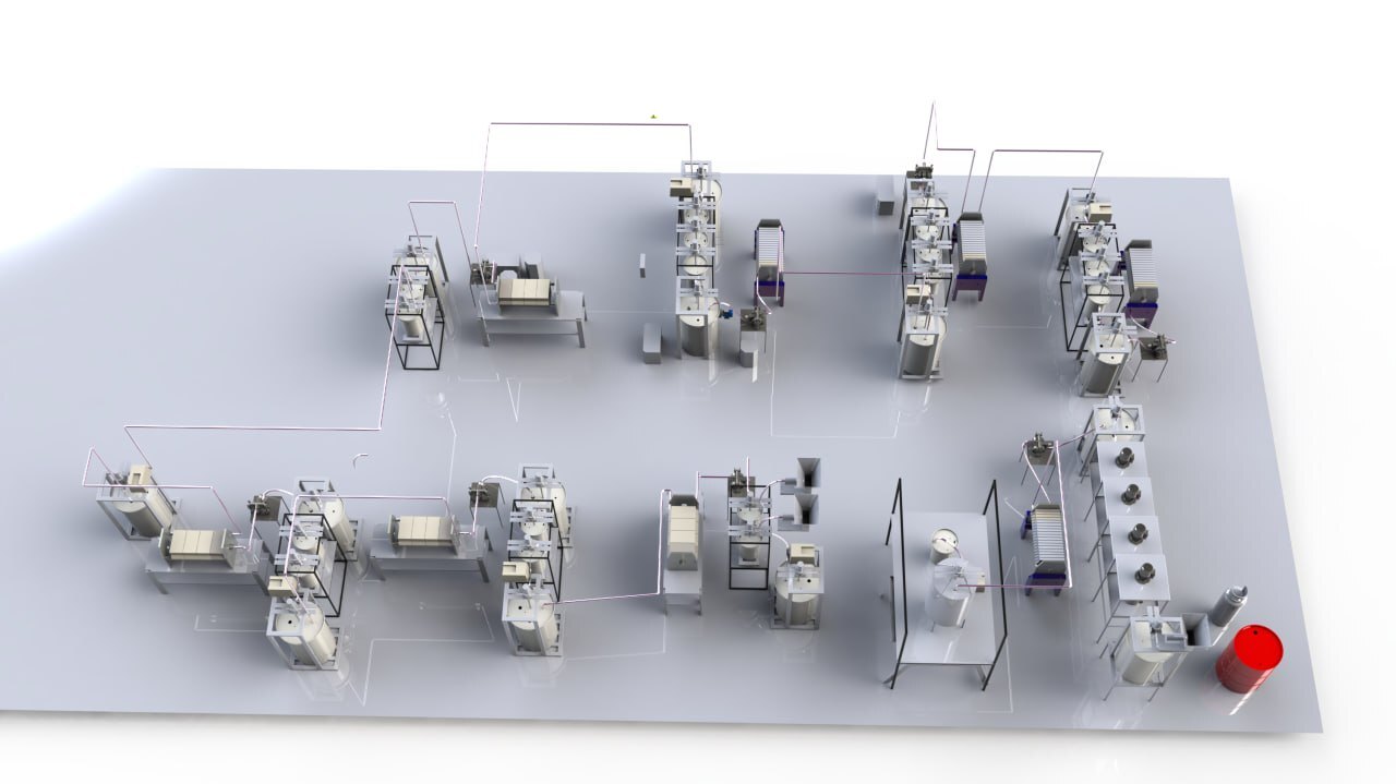 Plan view of the modular pilot-plant layout with pipe routing