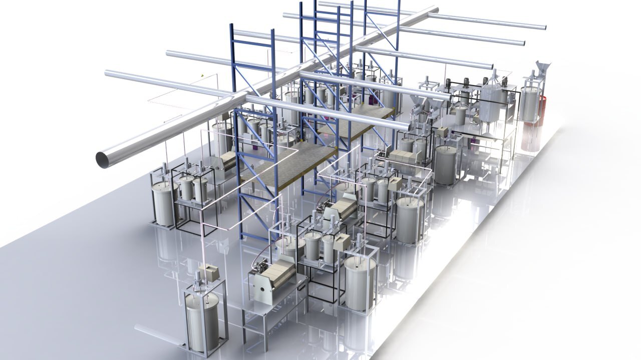 The pilot-plant model with its pipe rack and overhead ducting