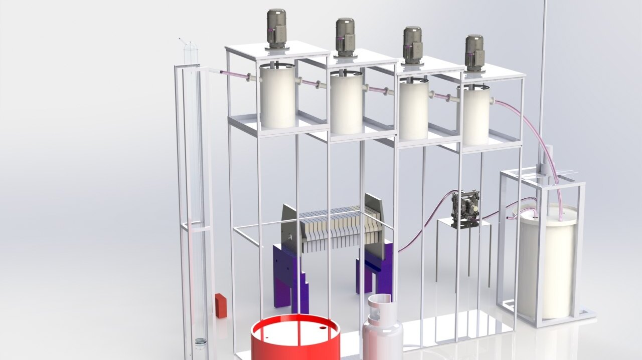 A leach module modelled for fabrication: four agitated tanks over the filter press, pump and receiver